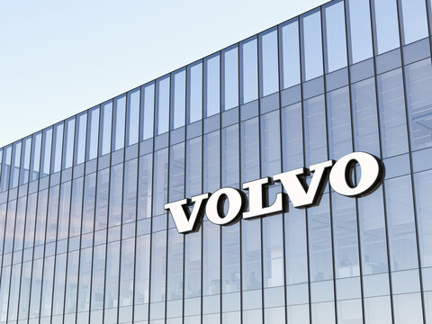 Gothenburg, Sweden. May 2, 2022. Editorial Use Only, 3D CGI. Volvo Company Signage Logo on Top of Glass Building. Workplace Luxury Vehicles Automaker Office Headquarters.