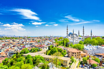 Aerial drone view of the Suleymaniye Mosque, huge Ottoman imperial mosque in Istanbul, Turkey.