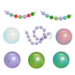 a set of pearl beads and beads for design, pearl balls for jewelry ,hand-drawn illustration isolated on a white background