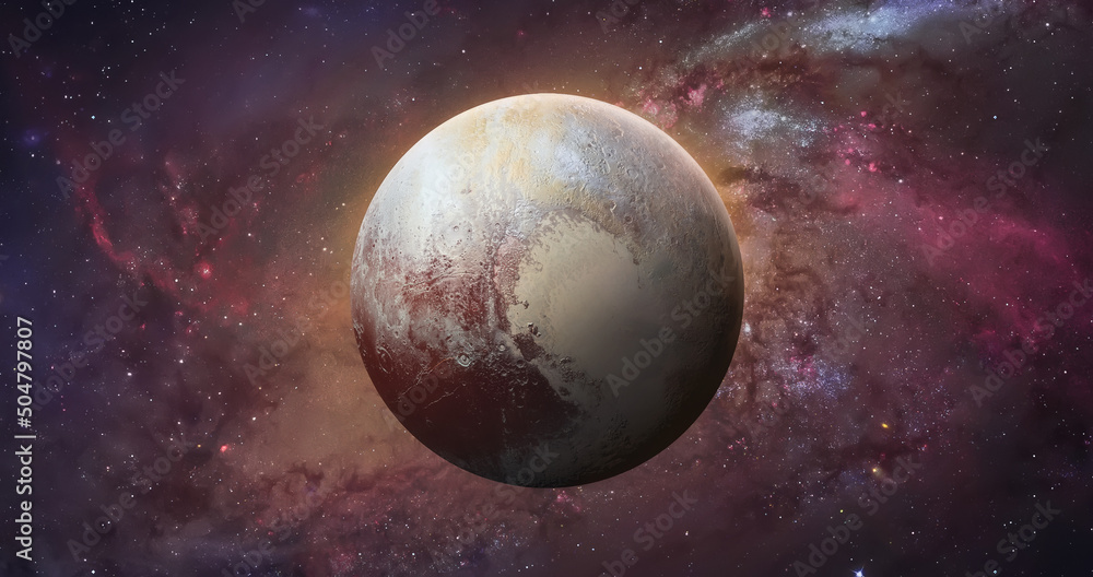 Poster Pluto planet sphere. Exploration and expedition on far planet. Pluto planet in space. Solar system. Elements of this image furnished by NASA
