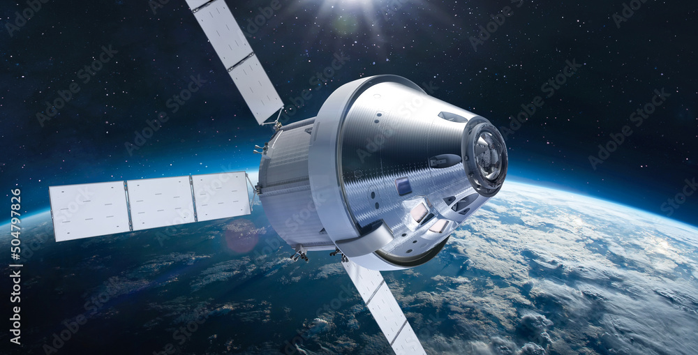 Poster Orion spacecraft flight in space on orbit of Earth. Sci-fi wallpaper. Artemis space program. Expedition to Moon. Spaceship with astronauts. Elements of this image furnished by NASA