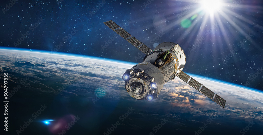 Leinwandbilder Spaceship on orbit of Earth. Space craft with cosmonauts in outer space. Sci-fi wallpaper. Elements of this image furnished by NASA
