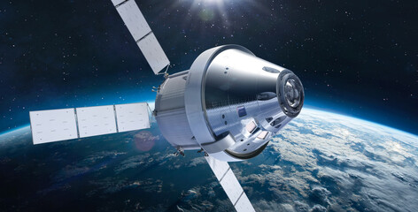 Orion spacecraft flight in space on orbit of Earth. Sci-fi wallpaper. Artemis space program....
