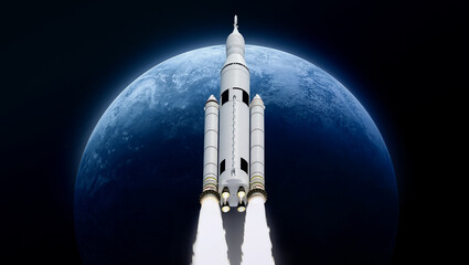 Spaceship on orbit of Earth. Sci-fi wallpaper. Artemis space program. Expedition to Moon. Space launch system SLS. Orion spacecraft in space. Elements of this image furnished by NASA