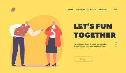 Obraz premium Reaction on Joke, Positive Emotion Landing Page Template. Senior Male and Female Characters Laughing at Something Funny