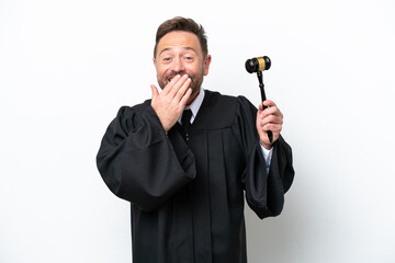 Middle age judge man isolated on white background happy and smiling covering mouth with hand