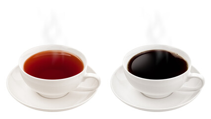 Cups of coffee and tea, isolated on white background, clipping path, full depth of field