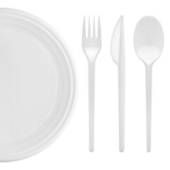 Disposable white plastic plate, spoon, knife, fork, clipping path, isolated on white background