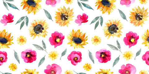 Sunflowers and poppies seamless pattern. Watercolor floral background