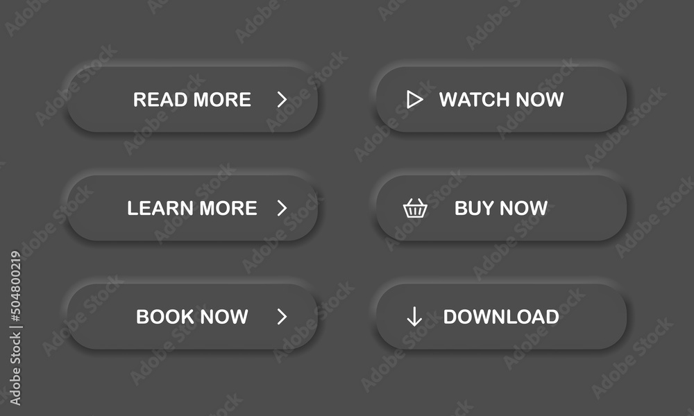 Poster set of vector modern neumorphism material style buttons. read, learn more, watch and buy now button 