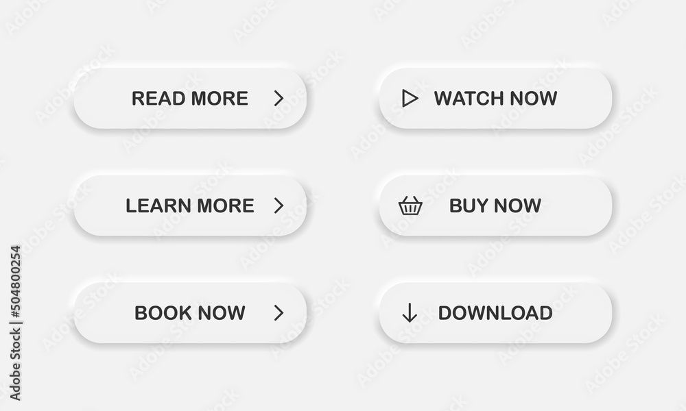 Poster modern neumorphism material style buttons set in dark colors. read, learn more, watch and buy now bu