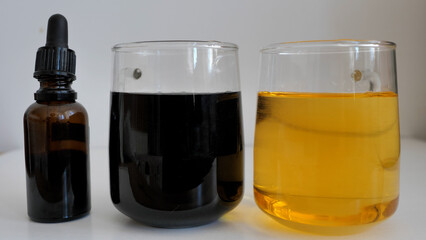 Iodine starch test in water. Water containing starch is turning color to black.The iodine-starch...