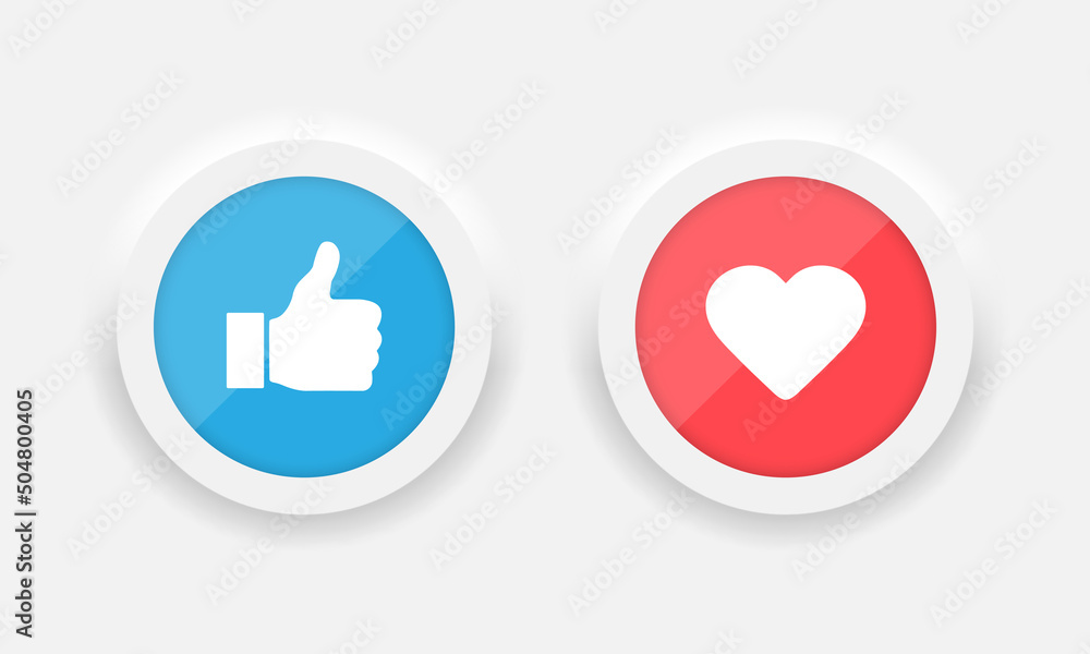 Poster thumb up and heart icon. vector like and love icon in neumorphism style. ready like and love button 