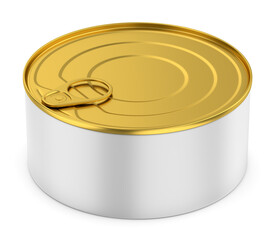 Metallic canned round with open key, metal jar isolated on white
