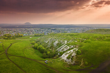 A landscape with a karst plateau and the famous landmark of Bashkortostan and Russia - the Shikhan...