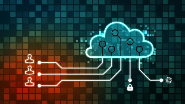 Futuristic cloud with pixel digital transformation abstract new technology blue green orange background. Artificial intelligence and big data. Business industry and wifi data storage communication