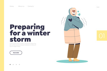 Prepare for winter storm concept of landing page with man in warm parka coat trembling from cold © Iryna Petrenko