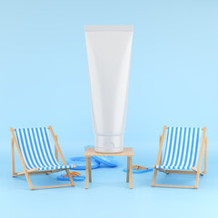 Summer background for the visualization of cosmetic products for care during the hot period and sun protection. Empty sunscreen packaging mockup. 3d rendering.