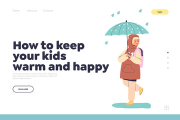 Keep kids warm and happy concept of landing page with girl walking under umbrella in rainy weather