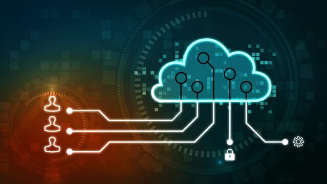 Futuristic cloud with pixel digital transformation abstract new technology blue green orange background. Artificial intelligence and big data. Business industry and wifi data storage communication