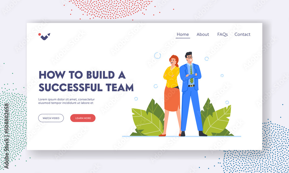 Poster how to build successful team landing page template. managers teamwork group, confident business char