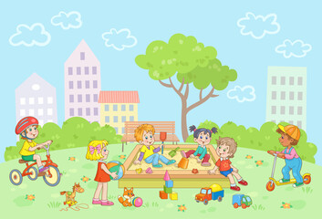 Children of different nationalities play in the sandbox in the city park in summer. Banner in cartoon style. Vector illustration