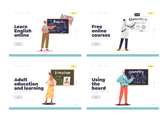 Online classes and lessons for adults concept of landing pages set with teachers at blackboard