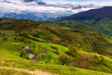 Fototapeta na wymiar green carpathian landscape in spring time. beautiful mountain landscape with rural valley and village in the distance. clouds on the sky above the borzhava ridge