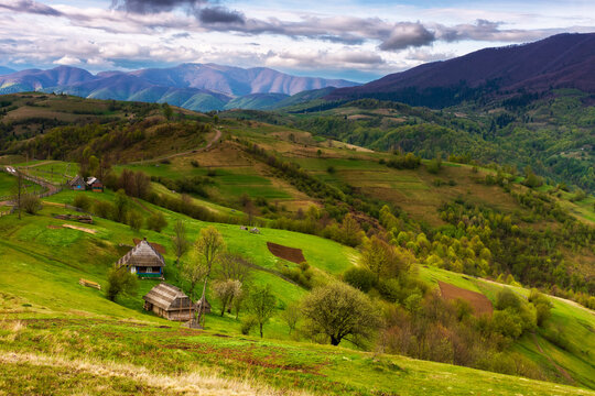 green carpathian landscape in spring time. beautiful mountain landscape with rural valley and village in the distance. clouds on the sky above the borzhava ridge