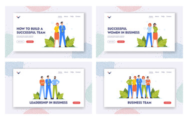 Business Team Landing Page Template Set. Characters Stand with Crossed Arms. Businessmen and Businesswomen