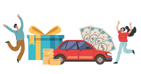 People man woman characters winn car and money by lottery concept. Vector flat cartoon graphic design illustration
