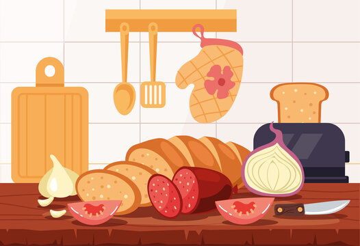 Morning breakfast ingredients for sandwich laying on kitchen table concept. Vector flat cartoon graphic design illustration