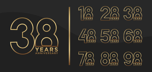 Set of Anniversary outline logotype and golden color with black background for celebration