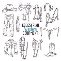 Hand drawn equestrian equipment collection Vector. Western accessories. Sports gear.