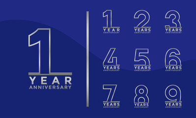 Set of Anniversary outline logotype and silver color with blue background for celebration