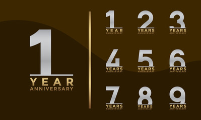 Set of Anniversary logotype and silver and gold color with brown background for celebration