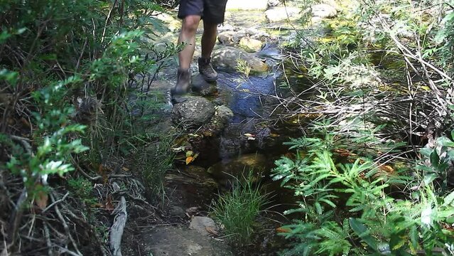 A  lower mid shot from man crossing a creek towards camera during dry season in Minas Gerais State, Brazil