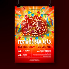 Festa Junina Party Flyer Illustration with Paper Lantern and Retro Light Bulb Billboard on Shiny Red Background.Vector Brazil June Sao Joao Festival Design for Invitation or Holiday Celebration Poster