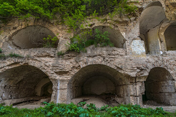 Brick ruins and ruined rooms of old fortification fort outpost. Popular monument of military...