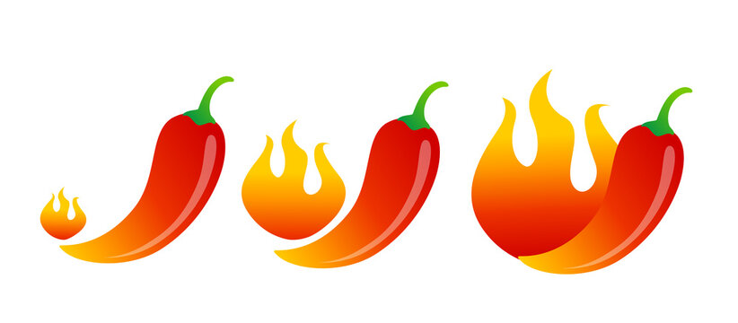 Vector illustration of chilli pepper and flame. Vector set icons of red chili pepper with fire on isolated background.