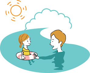 線画カラーイラスト　お父さんと浮き輪に入った娘　プール