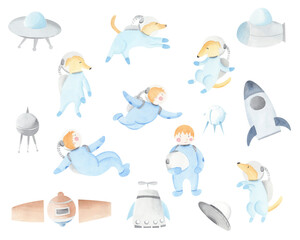 Astronaut baby boy dog space suit, cosmonaut stars, planet, moon, rocket and shuttle isolated watercolor space ship illustration on white background, Spaceman cartoon kid nursery