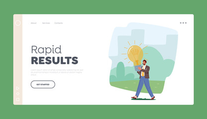 Rapid Results Landing Page Template. Businessman Character Carry Huge Glowing Light Bulb. Concept of Creative Idea