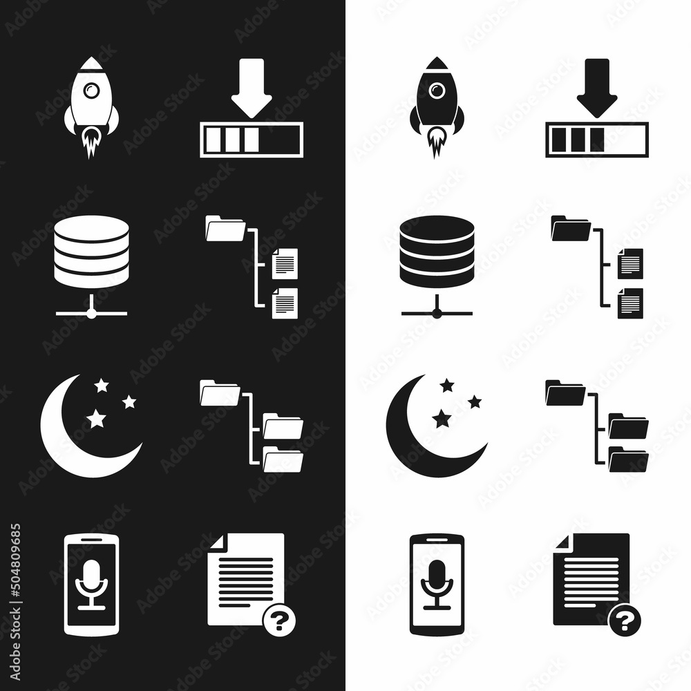 Poster set folder tree, server, data, web hosting, rocket ship with fire, loading, moon and stars and icon.
