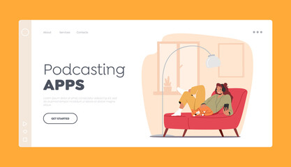 Podcasting App Landing Page Template. Radio Show Broadcasting Concept with Female Character Listen Audio Podcast