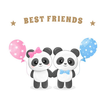 Cute little panda boy and girl with blue and pink balloons. Best friends, vector illustration
