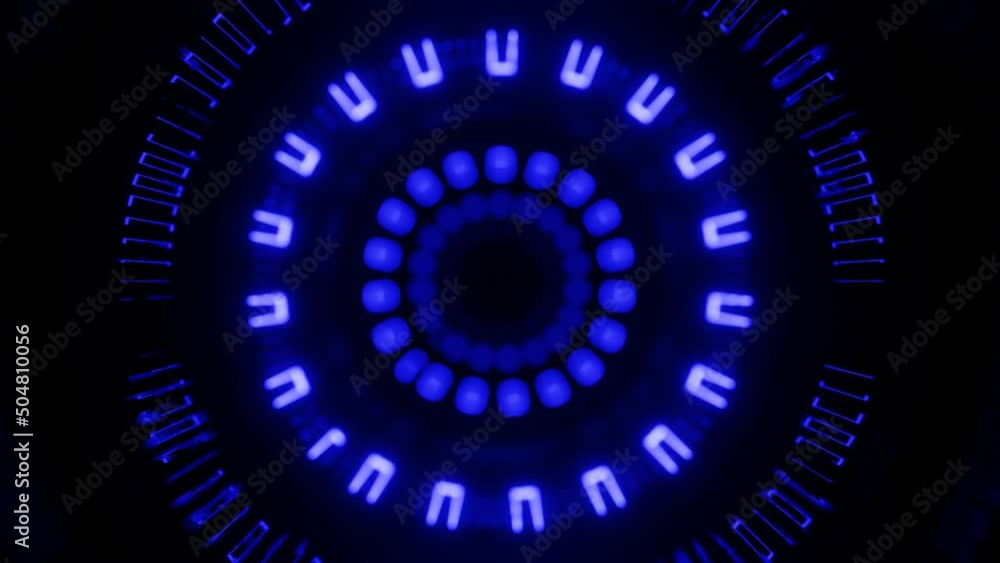 Poster round holographic structures. fly through mirror tunnel with neon pattern, glow lines form sci fi pa