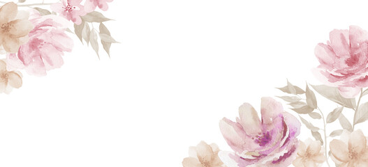 Watercolor Flower Background. Pink pastel Floral Leaves Frame on white.