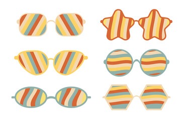 Vector set of psychedelic sunglasses in the style of the 1970s. Retro groovy graphic elements of glasses with rainbow, lines and waves. Hippie boho style stickers