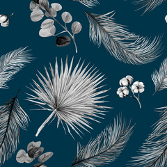 Watercolor black and white seamless pattern with dry palm leaves in boho style on a dark blue background